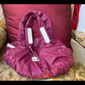 See By Chloe Nylon Pink Tote Bag with white leather charm and accents.